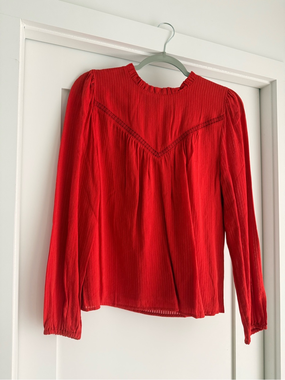 LOFT Red-Orange Long-Sleeve Ruffled Yoke Blouse Top.